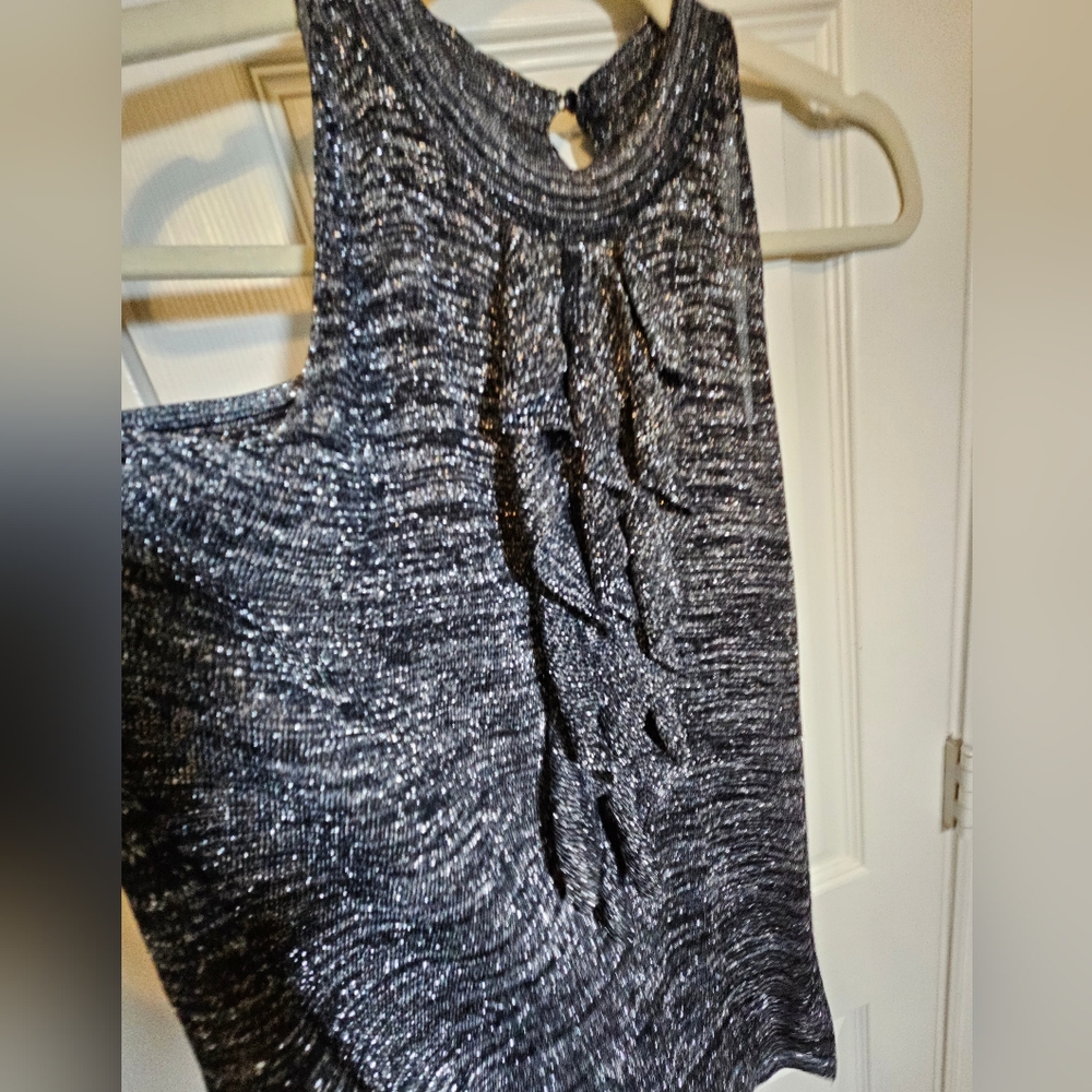 Metalic Silver Ruffle Front Suiting Shell  Sleeveless Top